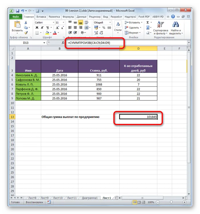 Результаты вычисления функции СУММПРОИЗВ в Microsoft Excel