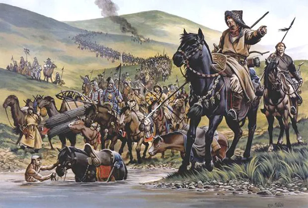 Татарская конница переходит брод через реку
