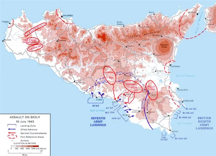Карта высадки союзников на остров Сицилию 10 июля 1943 г.