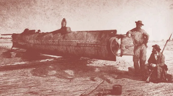 Солдаты охраняют подводную лодку Ханли, гравюра XIX в.