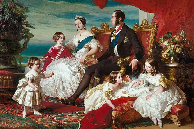 Семья Виктории в 1846 году кисти Франца Ксавера Винтерхальтера. Слева направо: принц Альфред и принц Уэльский; королева и принц Альберт; принцессы Алиса, Елена и Виктория.