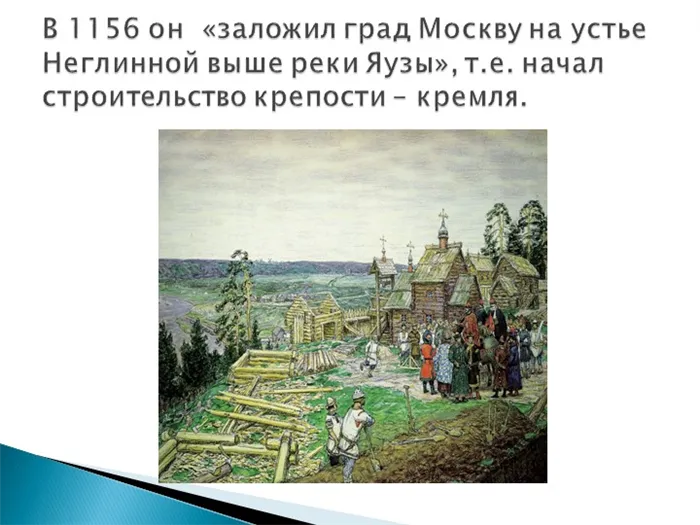 В 1156 он «заложил град Москву на устье Неглинной выше реки Яузы», т.е. нача. 