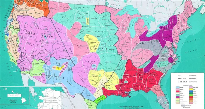 Карта расселения основных индейских племен на момент их контакта с колонизаторами