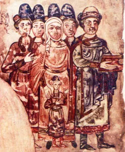 Святослав (крайний справа) с семьёй. Миниатюра из Изборника (1073)