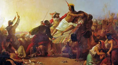 Джон Эверетт Милле. Писарро берёт в плен перуанских инков. 1846. На картине изображены Франсиско Писарро и его пленник, правитель инков Атауальпа 