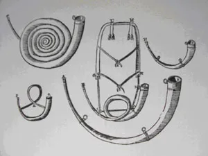 Рисунок Мерсенна: слева, справа, внизу — охотничьи рога (cors de chasse), в центре — тромп, слева внизу — почтовый рожок